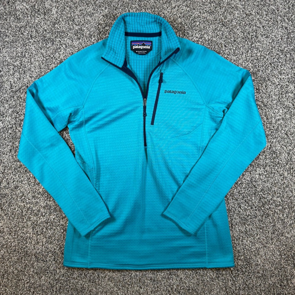 Patagonia R1 Pullover Women Medium Turquoise Blue Excellent 1/4 Zip Grid Fleece